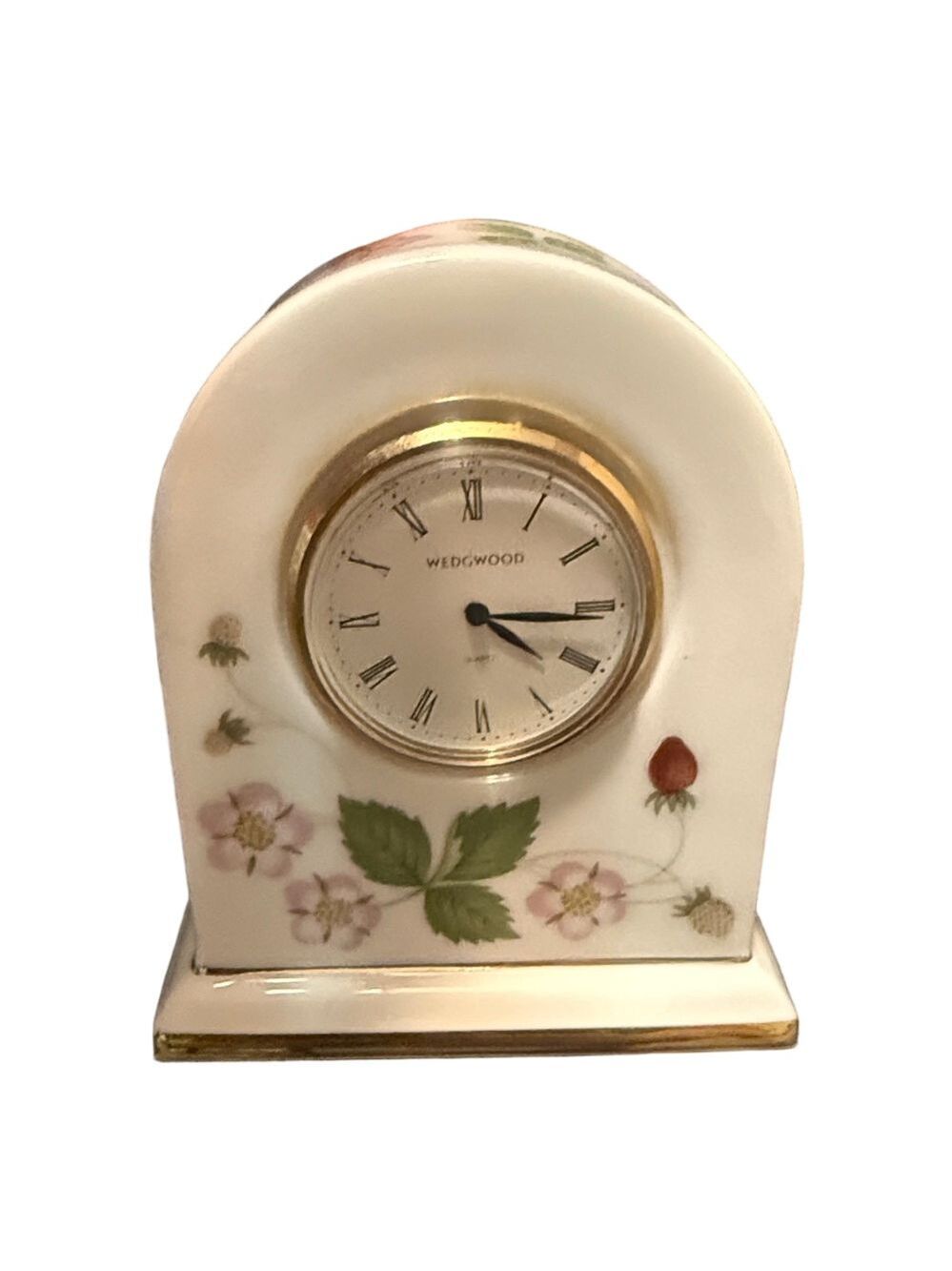 Wedgwood bone china clock featuring the "Wild Strawberry" pattern.